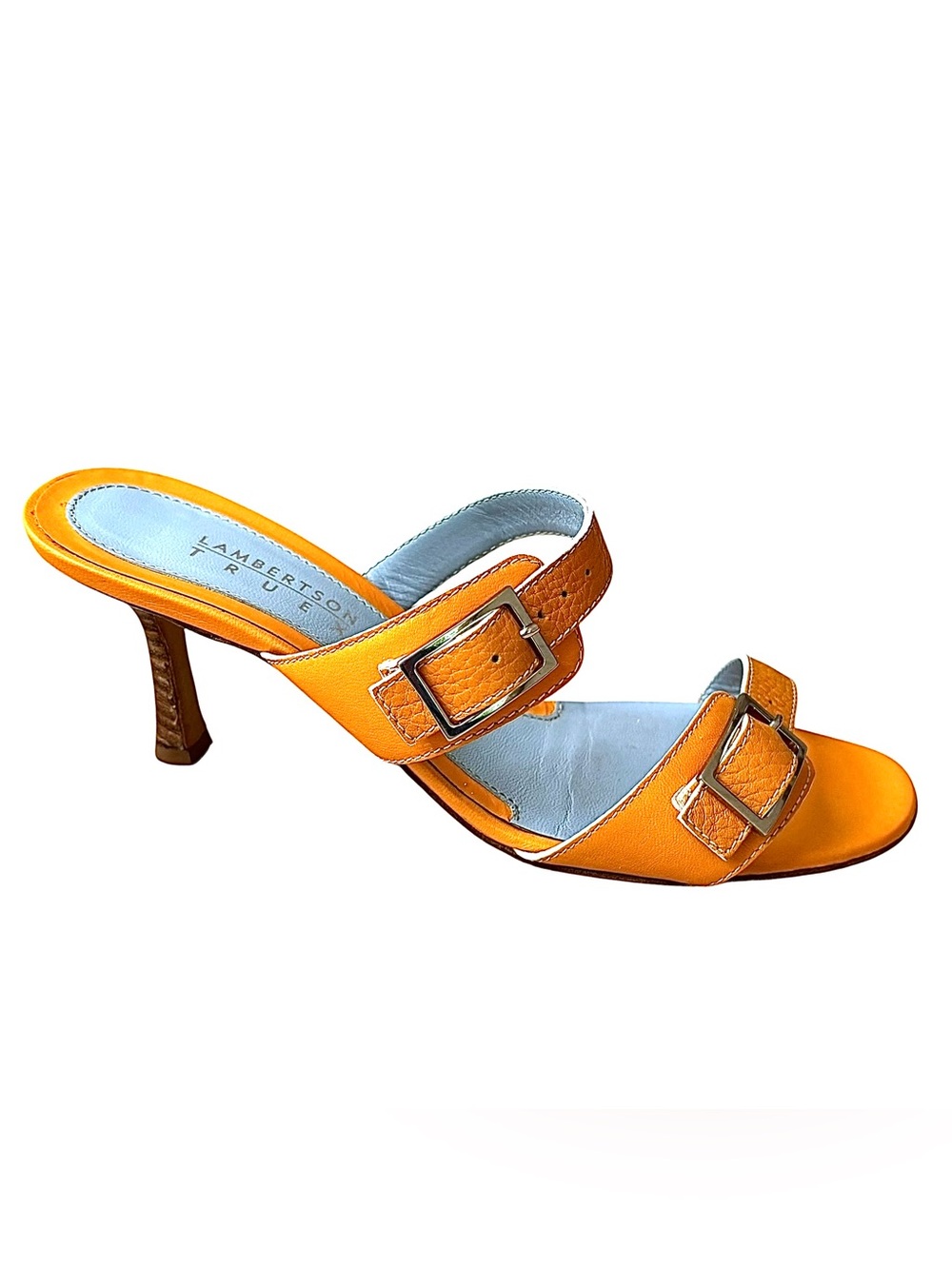 LAMBERTSON TRUEX Marigold Leather Heeled Sandals w/ Buckles - Picture 3 of 16